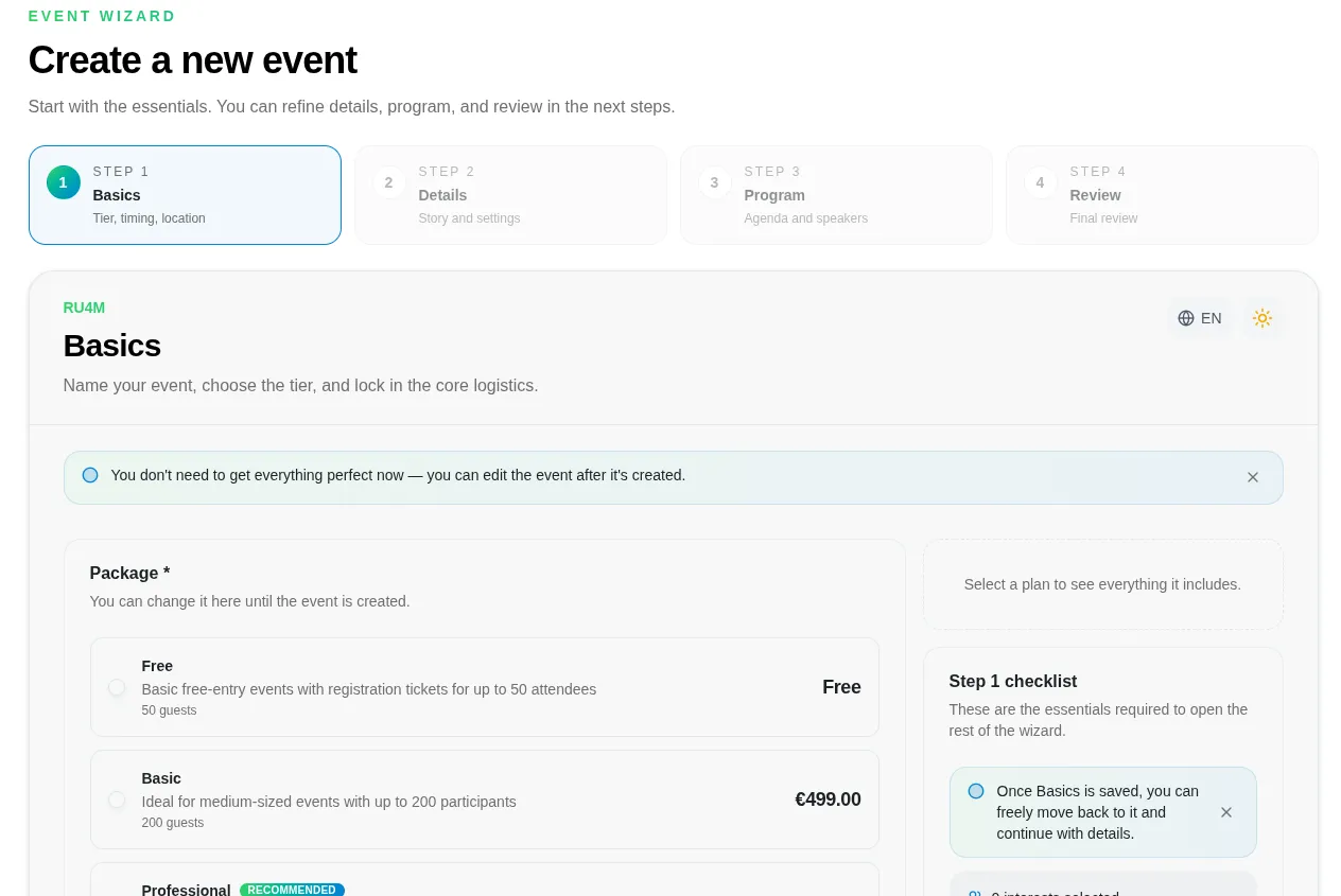 RU4M backoffice - event creation wizard