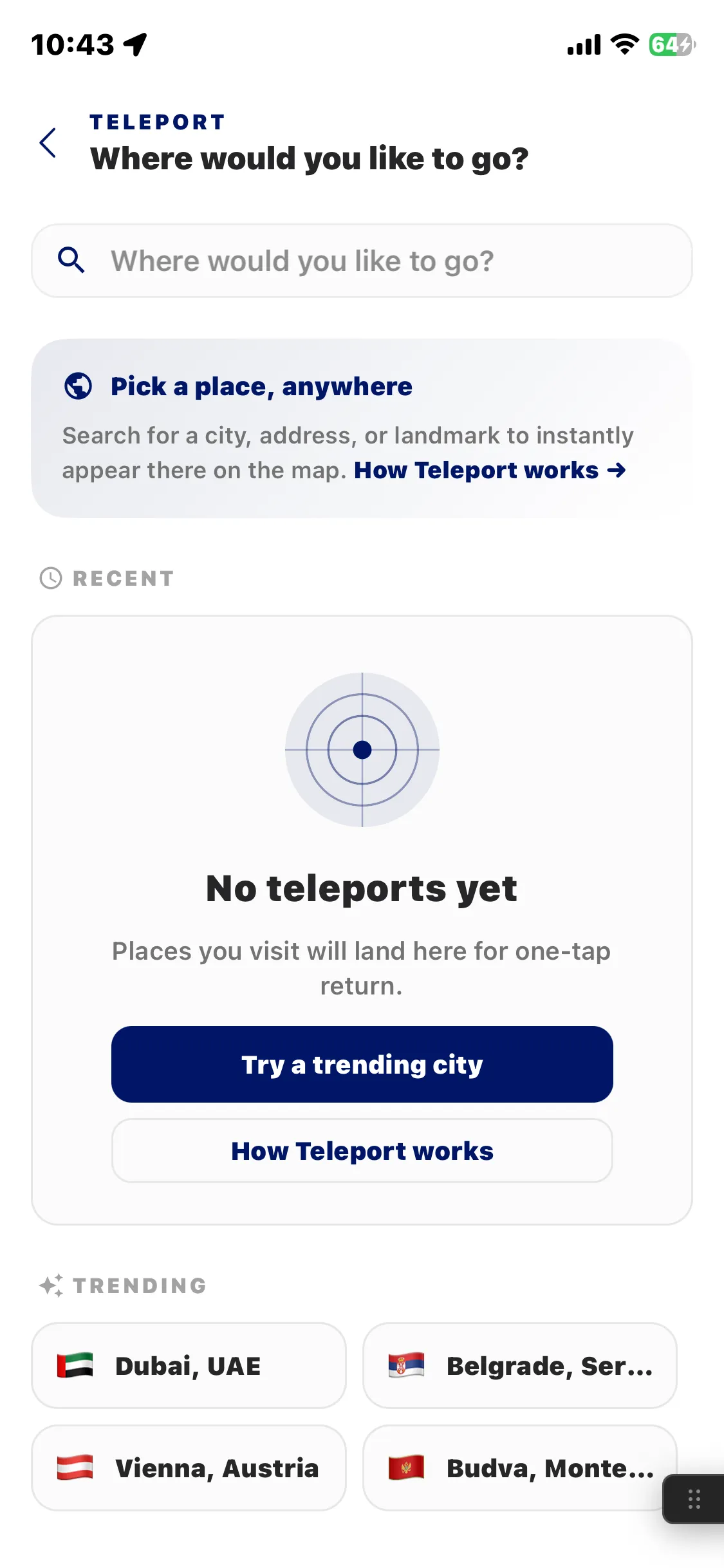 RU4M app — the Teleport search modal open over the Explore map, listing place results for a typed query